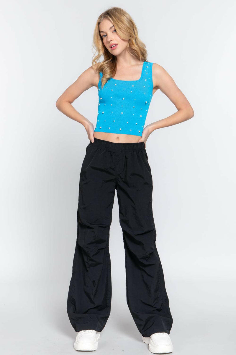 ACTIVE BASIC Pearl Detail Square Neck Cropped Tank - Jey Boutique LLC