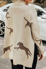 Animal Pattern Mock Neck Long Sleeve Slit Sweater.