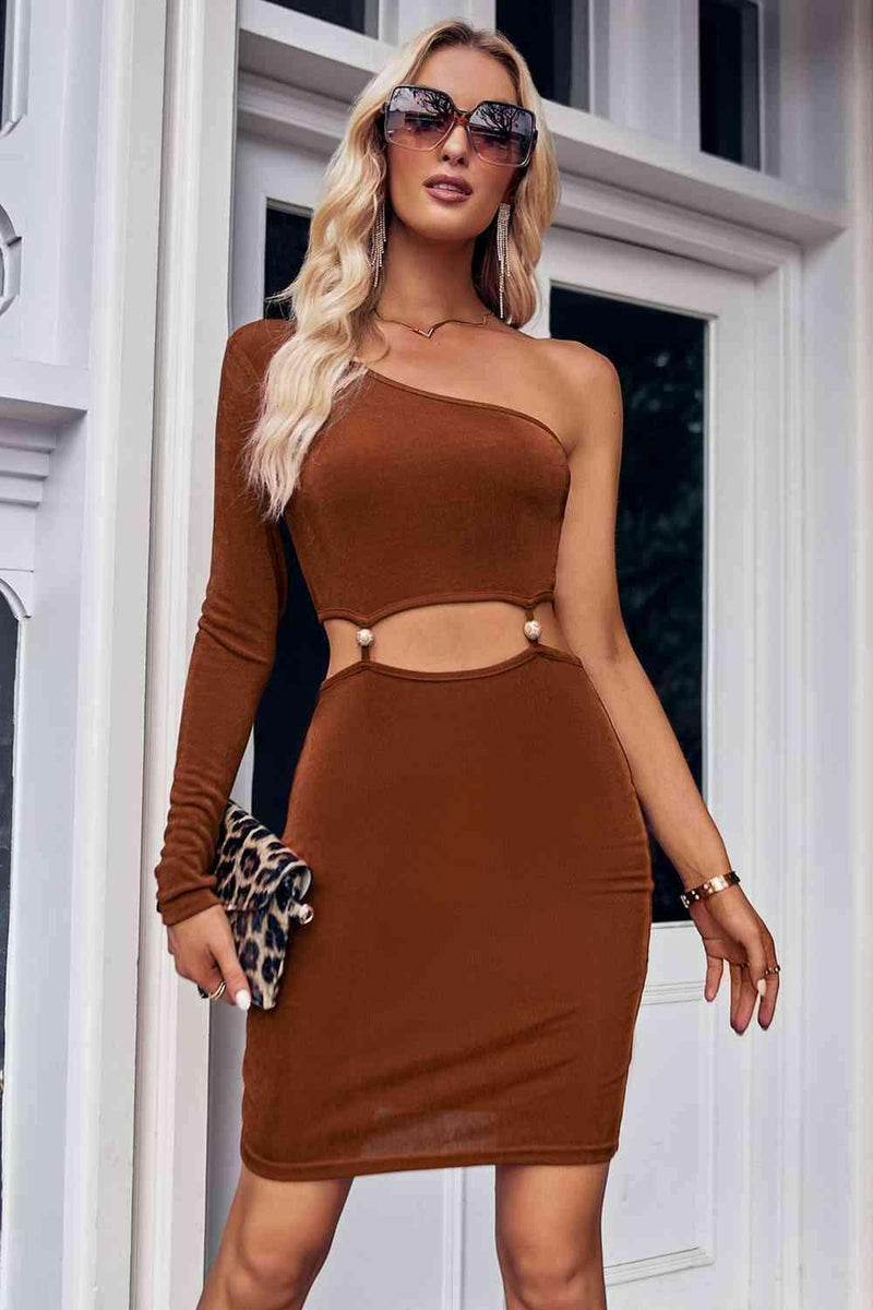 Asymmetrical Long Sleeve One Shoulder Cutout Dress.