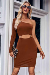 Asymmetrical Long Sleeve One Shoulder Cutout Dress - Jey Boutique LLC