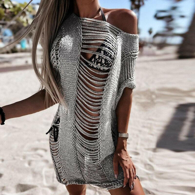 Beach Style Short Sleeve V-Neck Knitted Hollow Out Mini Dress - Jey Boutique LLC
