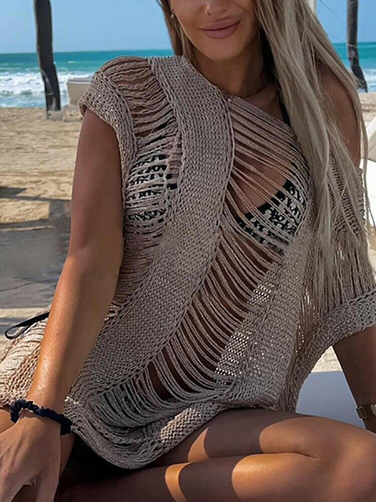 Beach Style Short Sleeve V-Neck Knitted Hollow Out Mini Dress - Jey Boutique LLC