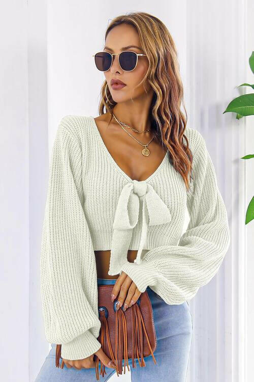 Bow V-Neck Long Sleeve Cropped Sweater.