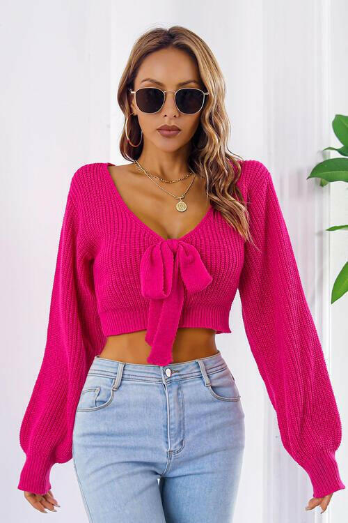Bow V-Neck Long Sleeve Cropped Sweater - Jey Boutique LLC