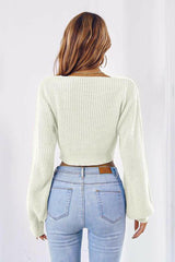 Bow V-Neck Long Sleeve Cropped Sweater.
