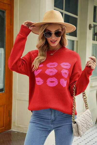 Contrast Lip Pattern Round Neck Slit Sweater - Jey Boutique LLC