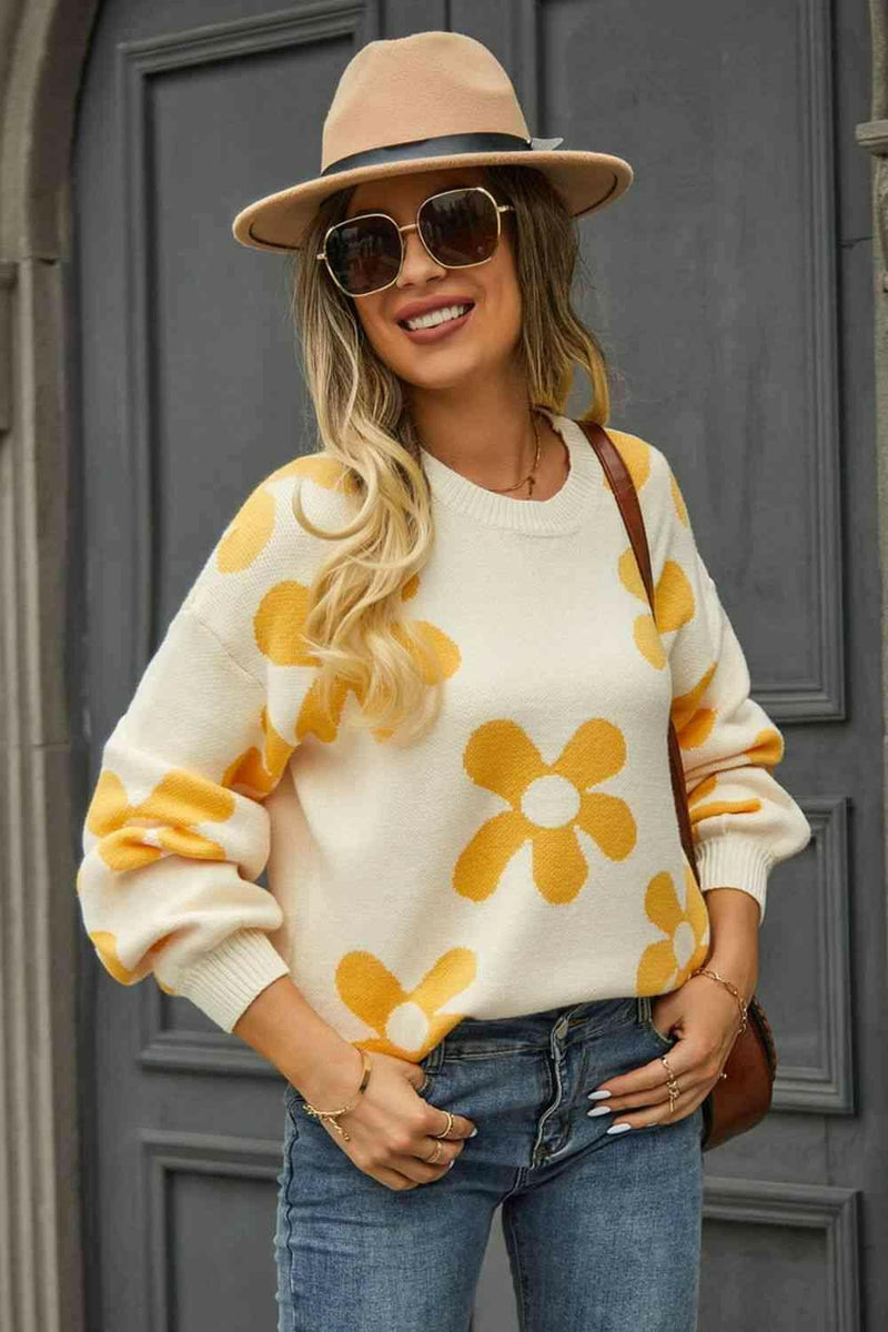 Floral Print Round Neck Dropped Shoulder Pullover Sweater - Jey Boutique LLC