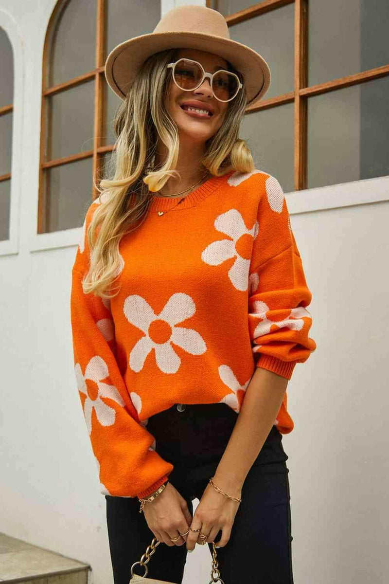 Floral Print Round Neck Dropped Shoulder Pullover Sweater.