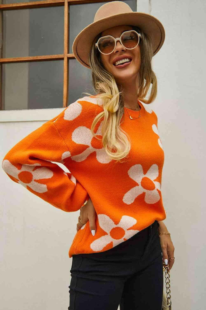 Floral Print Round Neck Dropped Shoulder Pullover Sweater.