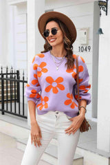 Floral Print Round Neck Dropped Shoulder Pullover Sweater - Jey Boutique LLC