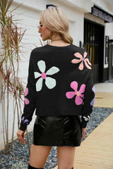 Flower Round Neck Drop Shoulder Sweater - Jey Boutique LLC