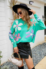 Flower Round Neck Drop Shoulder Sweater - Jey Boutique LLC