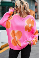 Flower Round Neck Dropped Shoulder Sweater.