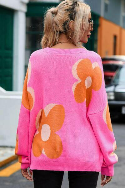 Flower Round Neck Dropped Shoulder Sweater.