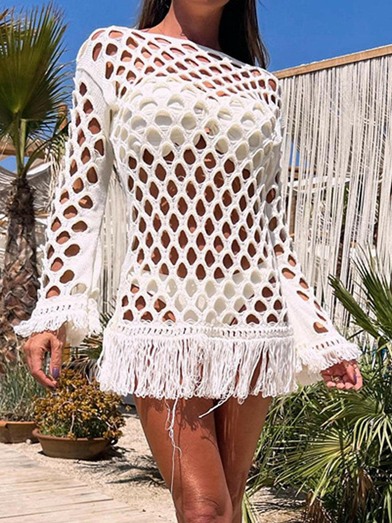 Fringe Cutout Long Sleeve Cover Up - Jey Boutique LLC