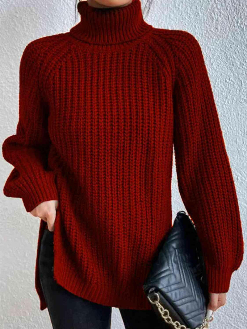 Full Size Turtleneck Rib-Knit Slit Sweater - Jey Boutique LLC