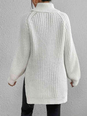 Full Size Turtleneck Rib-Knit Slit Sweater.