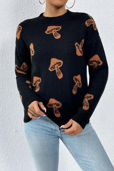 Graphic Mock Neck Dropped Shoulder Sweater.
