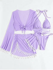 Tassel Flare Sleeve Cover-Up and Skirt Four-Piece Swim Set.
