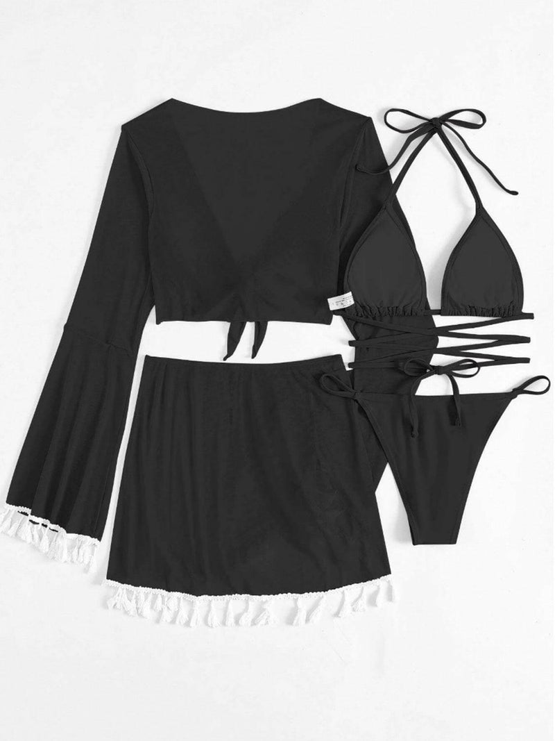 Tassel Flare Sleeve Cover-Up and Skirt Four-Piece Swim Set.