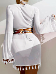 Halter Neck Bra, Bottom, Tassel Flare Sleeve Cover-Up and Skirt Four-Piece Swim Set - Jey Boutique LLC