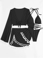Halter Neck Bra, Bottom, Tassel Flare Sleeve Cover-Up and Skirt Four-Piece Swim Set - Jey Boutique LLC