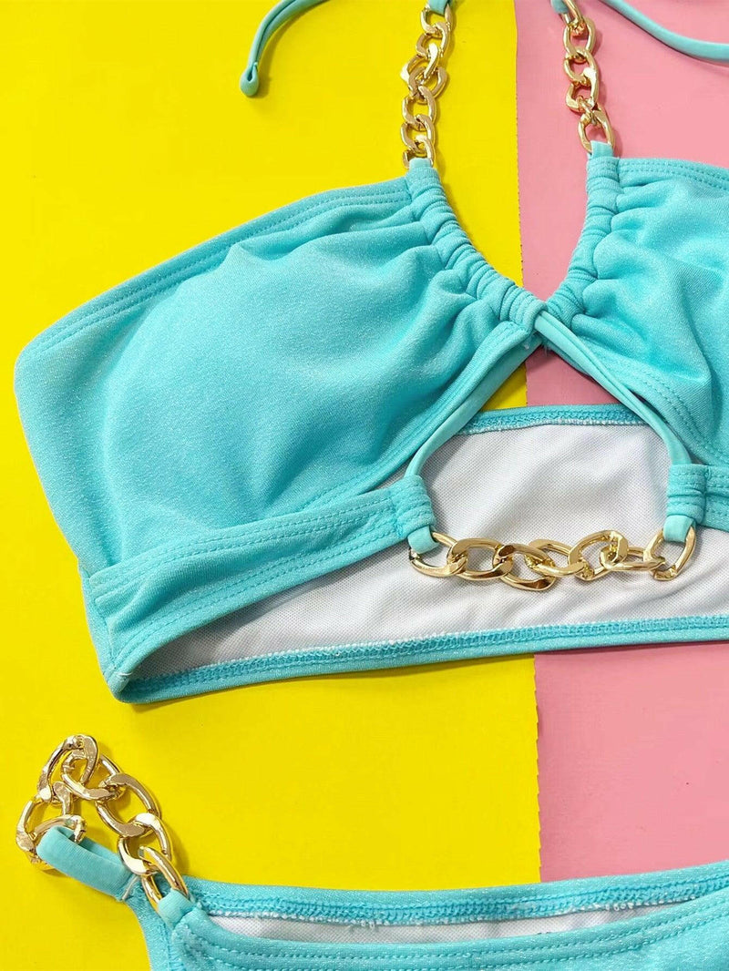 Halter Neck Chain Detail Two-Piece Bikini Set - Jey Boutique LLC