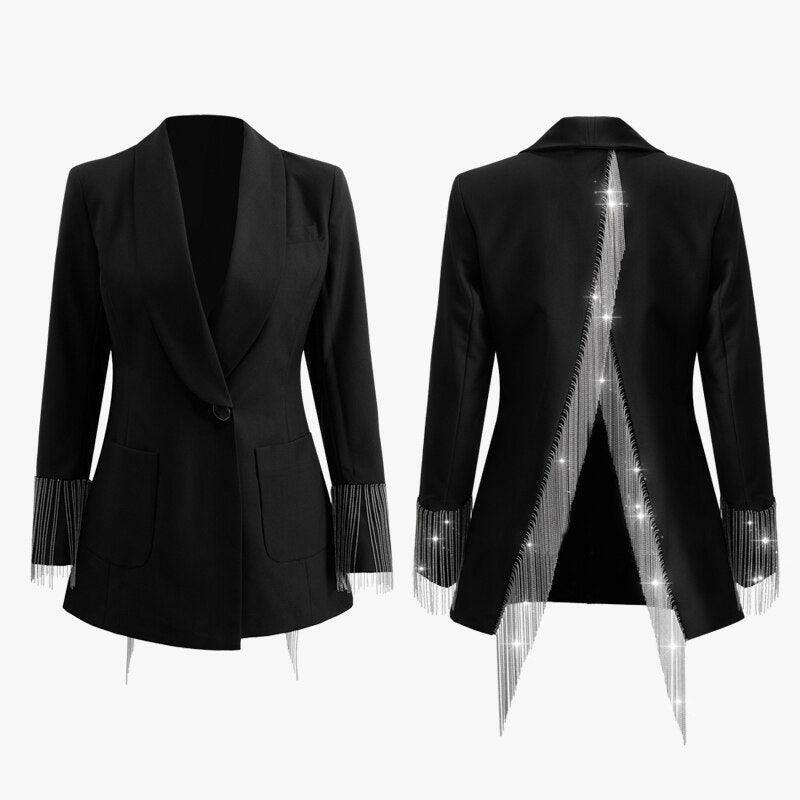 Heavy Chains Tassel Long Sleeve Single Button Backless Irregular Overcoat Blazer.