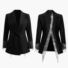Heavy Chains Tassel Long Sleeve Single Button Backless Irregular Overcoat Blazer - Jey Boutique LLC