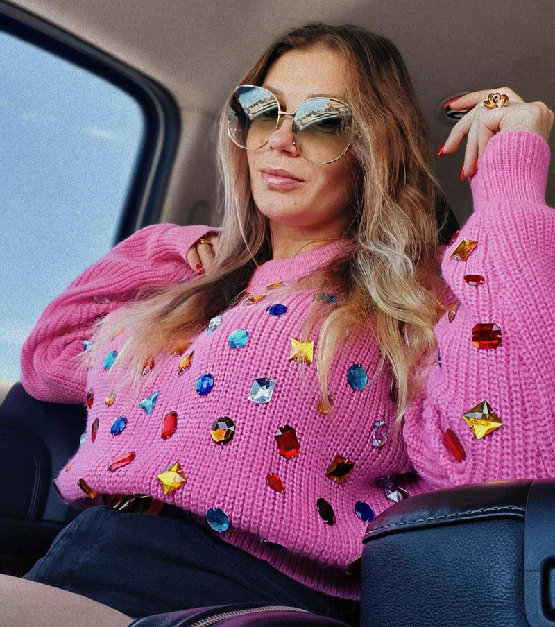 Heavy Multicolour Rhinestone Knitted Sweater Pullover - Jey Boutique LLC
