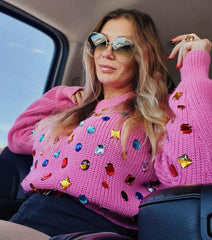 Heavy Multicolour Rhinestone Knitted Sweater Pullover - Jey Boutique LLC