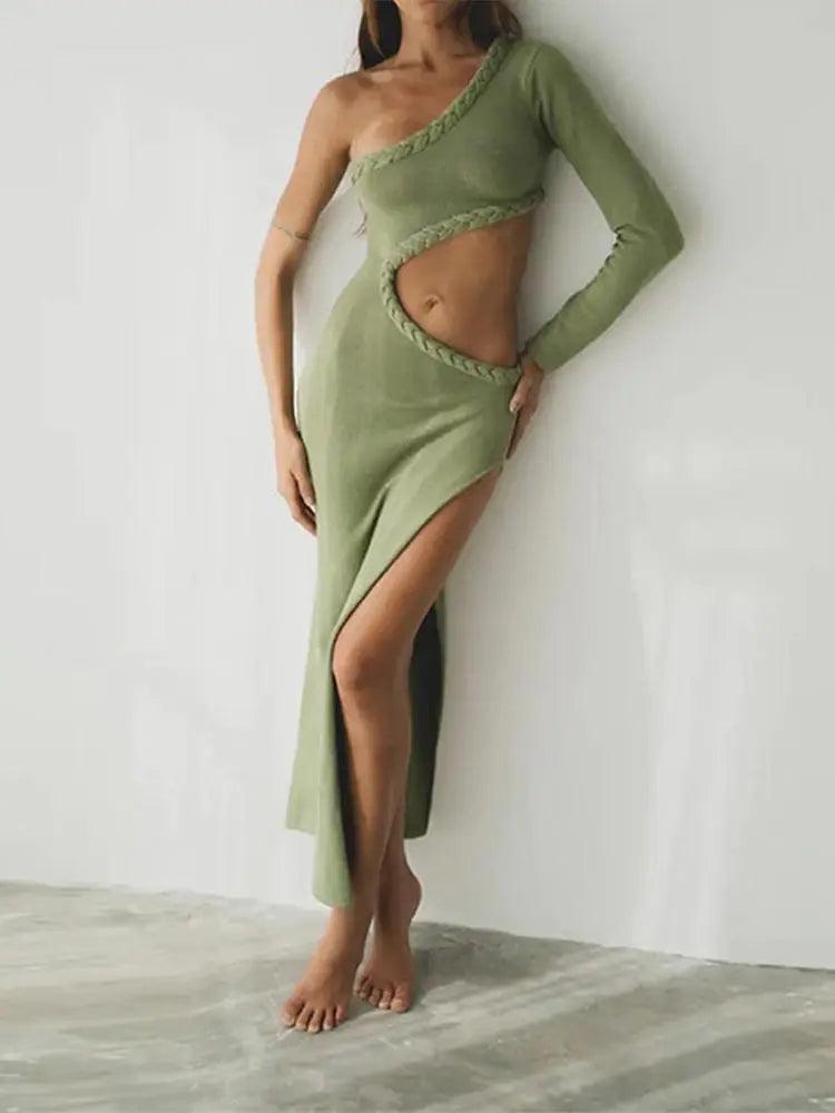 Hollow Out One Shoulder Maxi Dress.