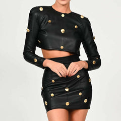 Leather Long Sleeve Crop Top and Skirt with Gold Button - Jey Boutique LLC