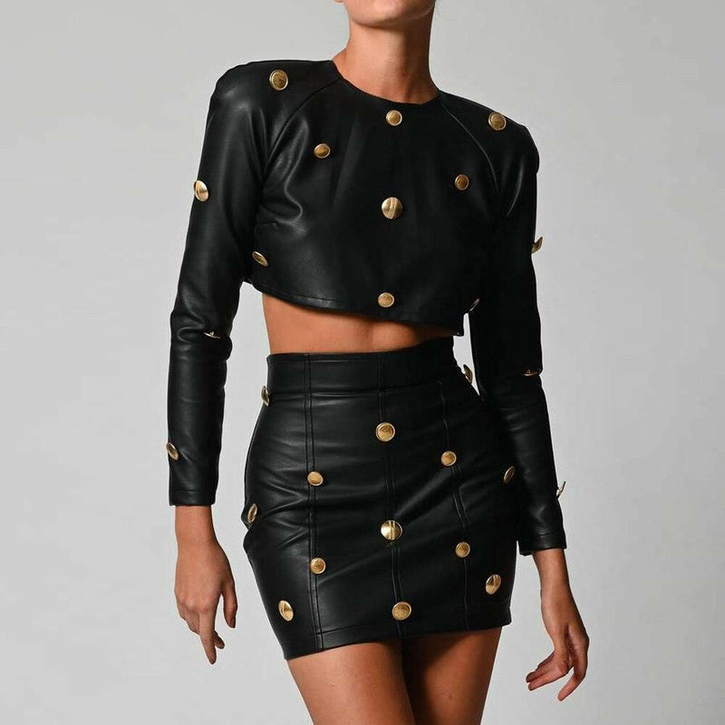 Leather Long Sleeve Crop Top and Skirt with Gold Button.