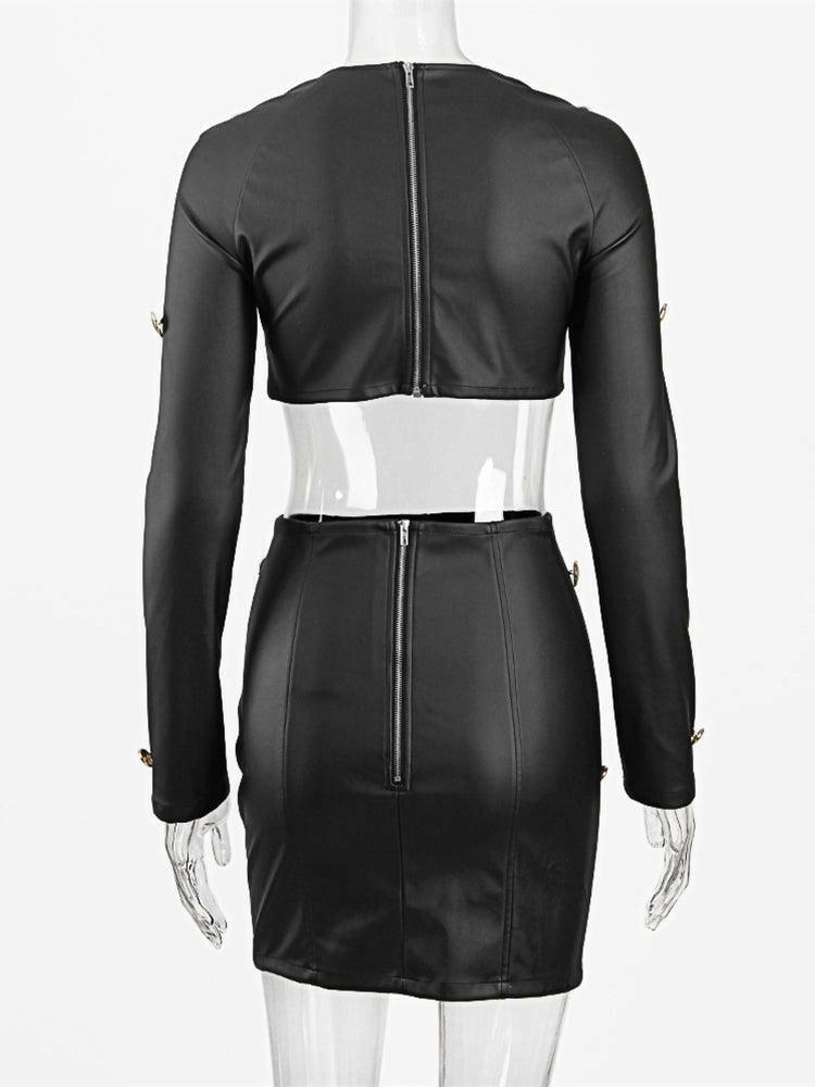 Leather Long Sleeve Crop Top and Skirt with Gold Button - Jey Boutique LLC