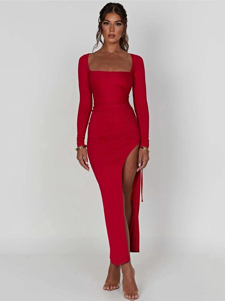 Long Sleeve Ruched High Split Maxi Dress - Jey Boutique LLC