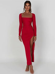 Long Sleeve Ruched High Split Maxi Dress - Jey Boutique LLC
