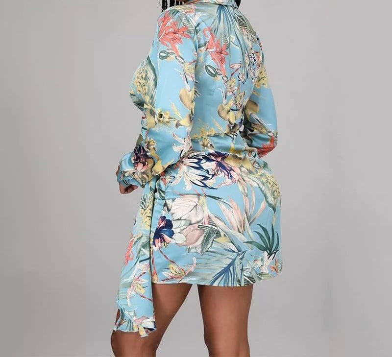 Long Sleeve Tropical Printed Bodycon Mini Dress.