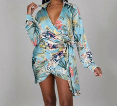 Long Sleeve Tropical Printed Bodycon Mini Dress.