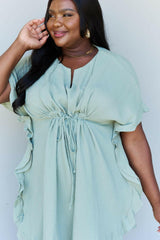 Ninexis Out Of Time Full Size Ruffle Hem Dress with Drawstring Waistband in Light Sage.