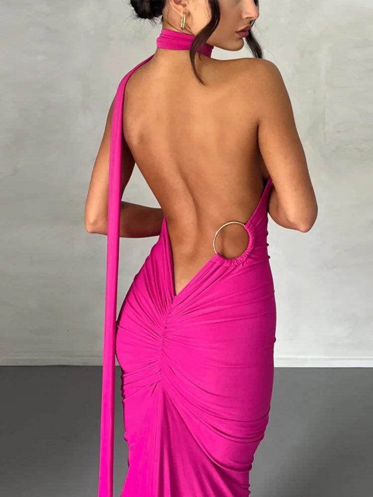 Oblique Shoulder Backless Maxi Dress - Jey Boutique LLC