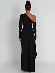 Oblique Shoulder Thigh High Split Maxi Dress - Jey Boutique LLC