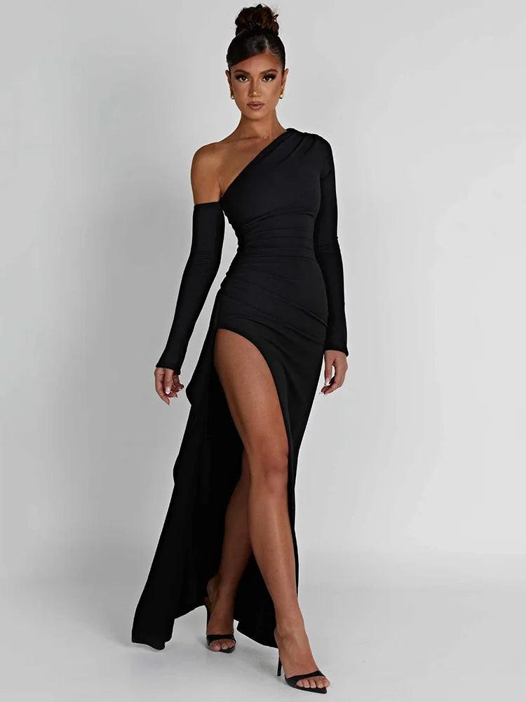 Oblique Shoulder Thigh High Split Maxi Dress - Jey Boutique LLC
