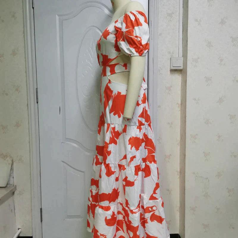 Off-Shoulder Printed Cutout Lace-Up Maxi Dress - Jey Boutique LLC