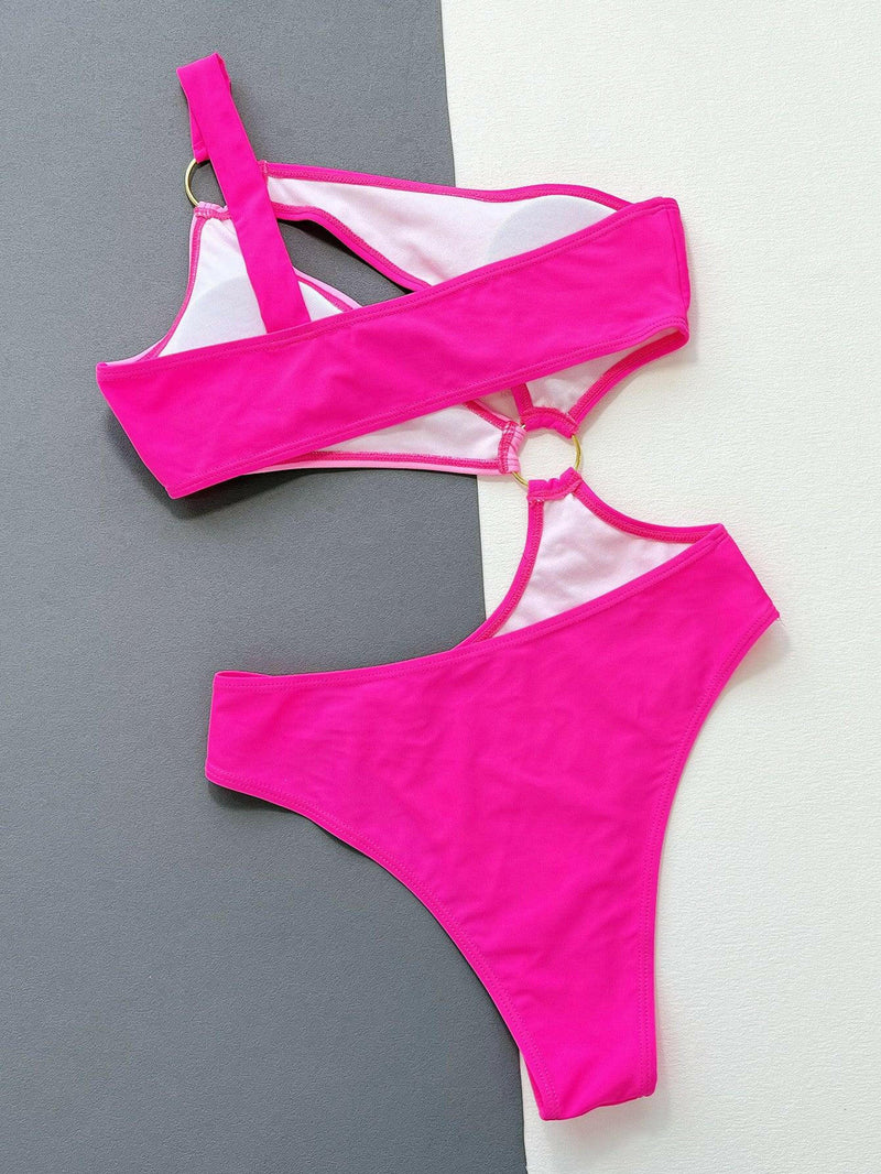 One-Shoulder Cutout Ring Detail One-Piece Swimsuit - Jey Boutique LLC