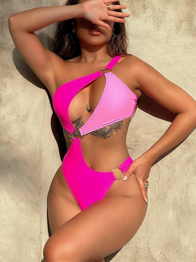One-Shoulder Cutout Ring Detail One-Piece Swimsuit - Jey Boutique LLC