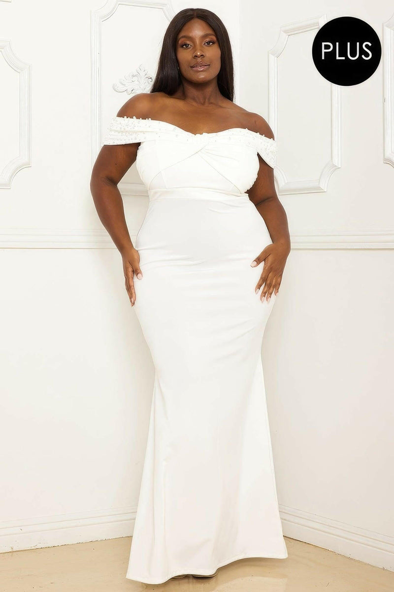 Pearl Bead Off The Shoulder Plus Size Maxi Dress.