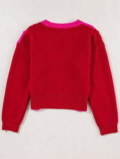 Plaid Heart Round Neck Sweater - Jey Boutique LLC