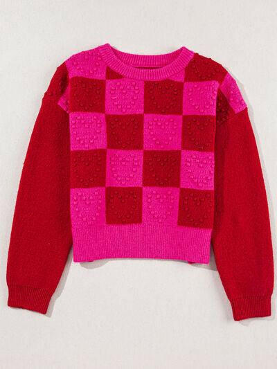 Plaid Heart Round Neck Sweater - Jey Boutique LLC