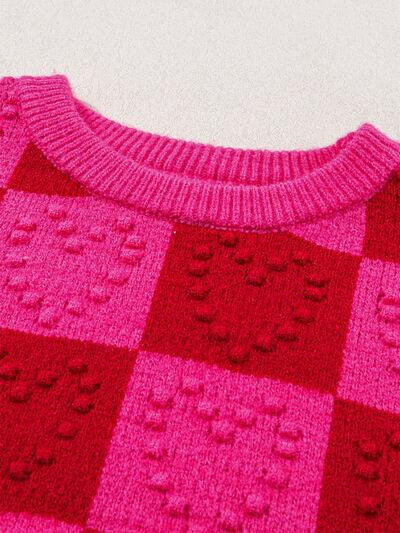 Plaid Heart Round Neck Sweater.